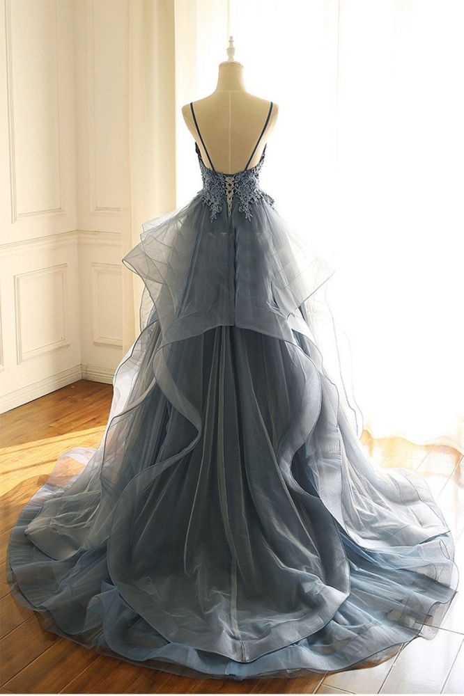 Gray Evening Dresses Tulle V Neck Ruffles Long Spaghetti Lace Beading Prom Dress