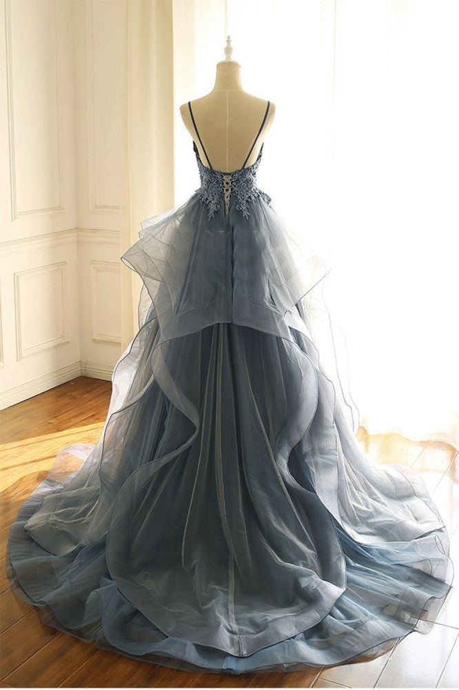 Gray Evening Dresses Tulle V Neck Ruffles Long Spaghetti Lace Beading Prom Dress