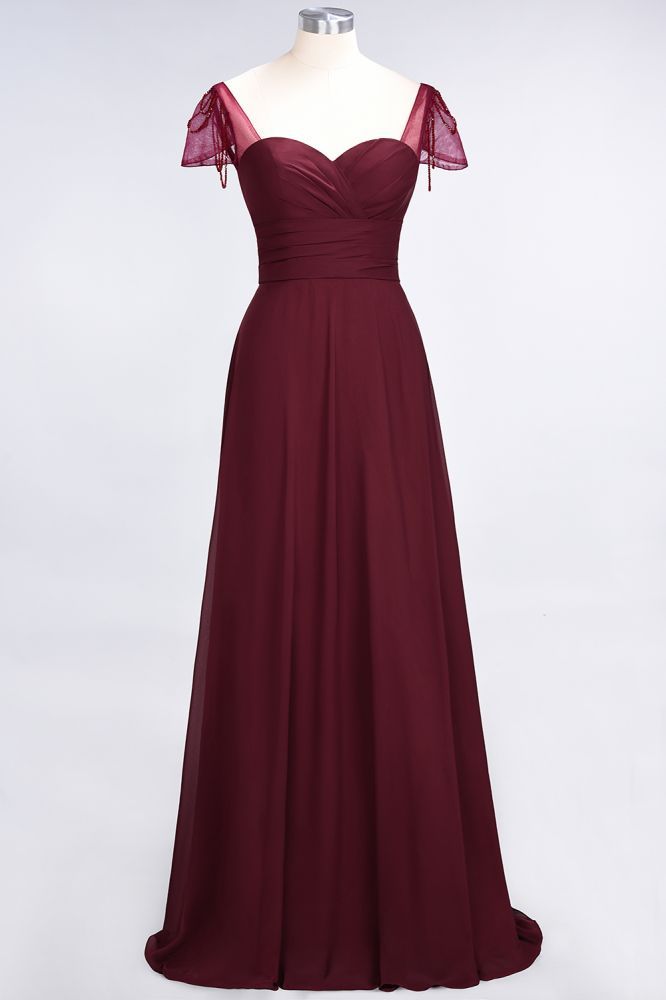 Chiffon A-Line Sweetheart Cap-Sleeves Ruffle Long Bridesmaid Dress with Beadings