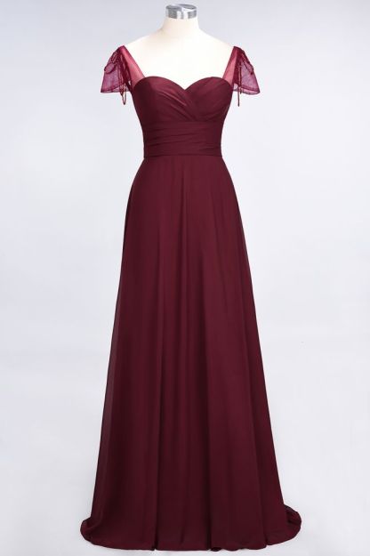 Chiffon A-Line Sweetheart Cap-Sleeves Ruffle Long Bridesmaid Dress with Beadings