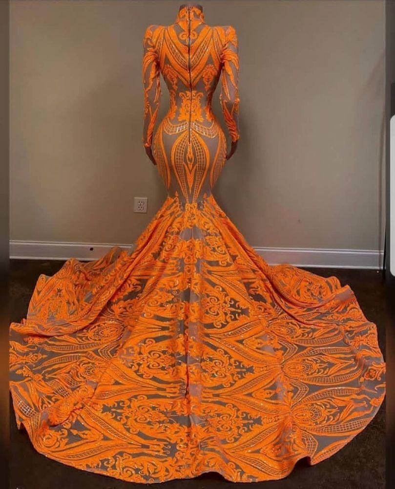 Charming Orange High Neck Long Sleeve Floor-length Mermaid Prom Dresses