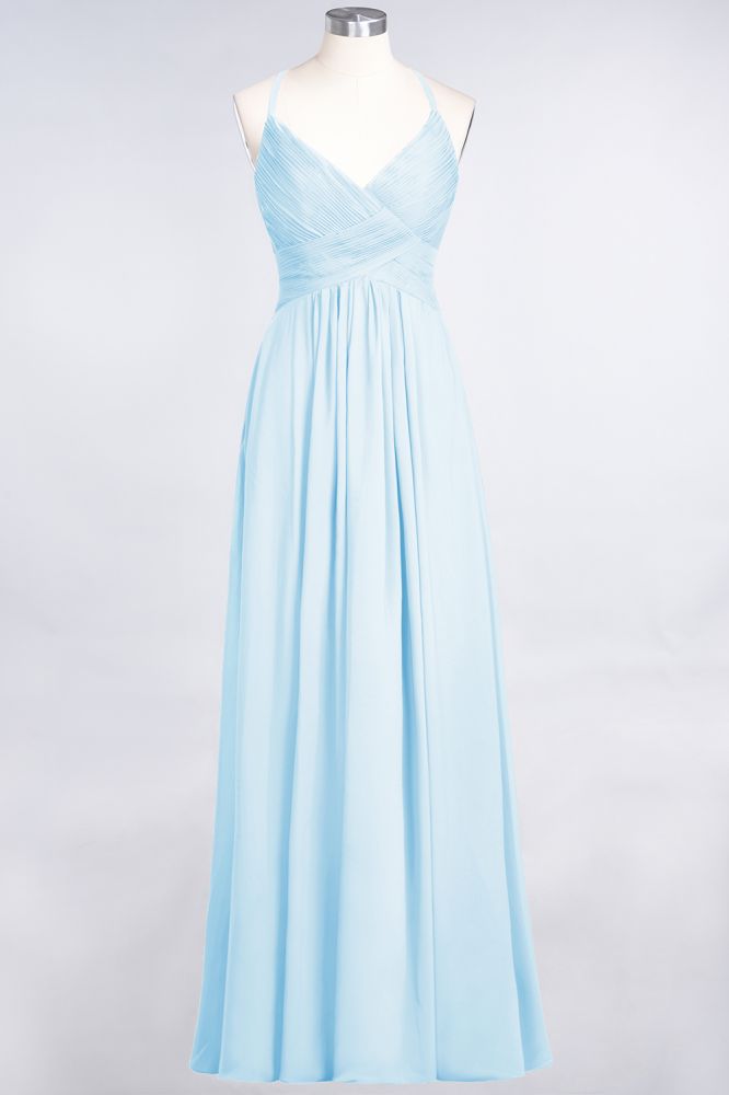 Chiffon A-Line Spaghetti-Straps V-Neck Sleeveless Long Bridesmaid Dress with Ruffles