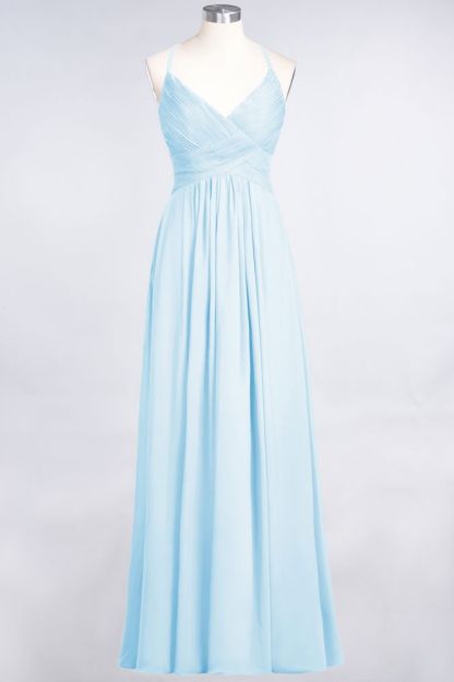 Chiffon A-Line Spaghetti-Straps V-Neck Sleeveless Long Bridesmaid Dress with Ruffles