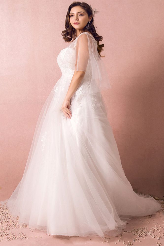 Elegant Plus Size Lace Wedding Dress A-line Floor Length V-neck Tulle Appliques Lace-up Poet Sleeves