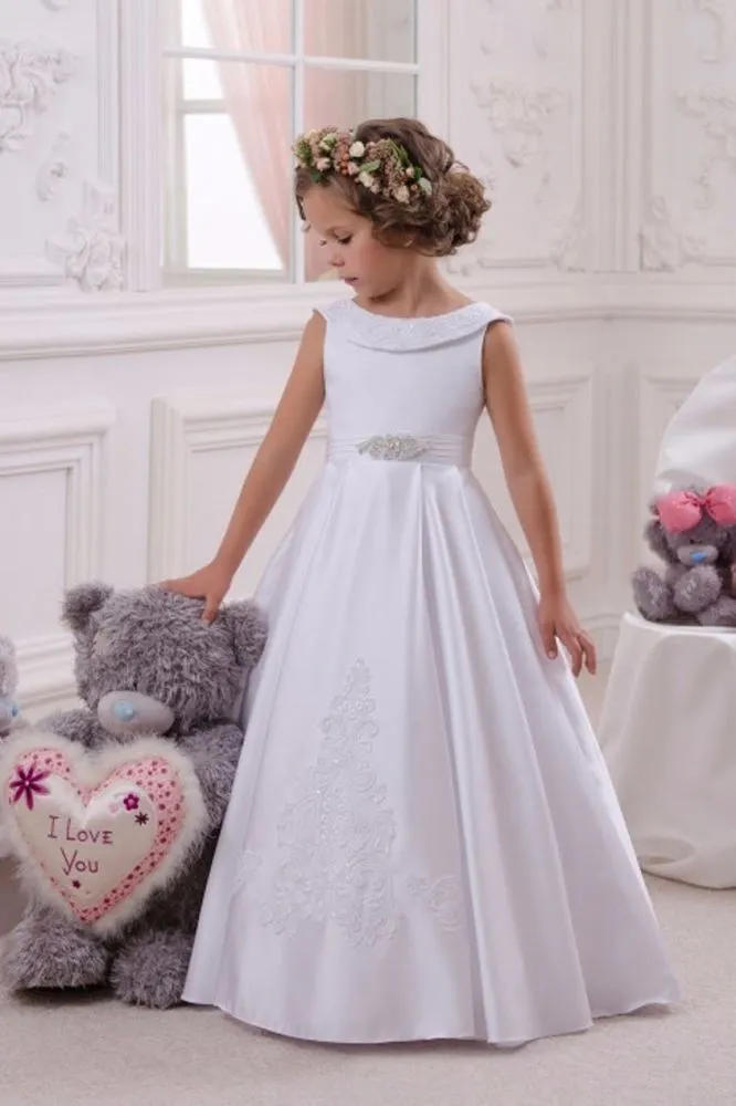 Round neck White Belt A-line Flower Girl Dresses