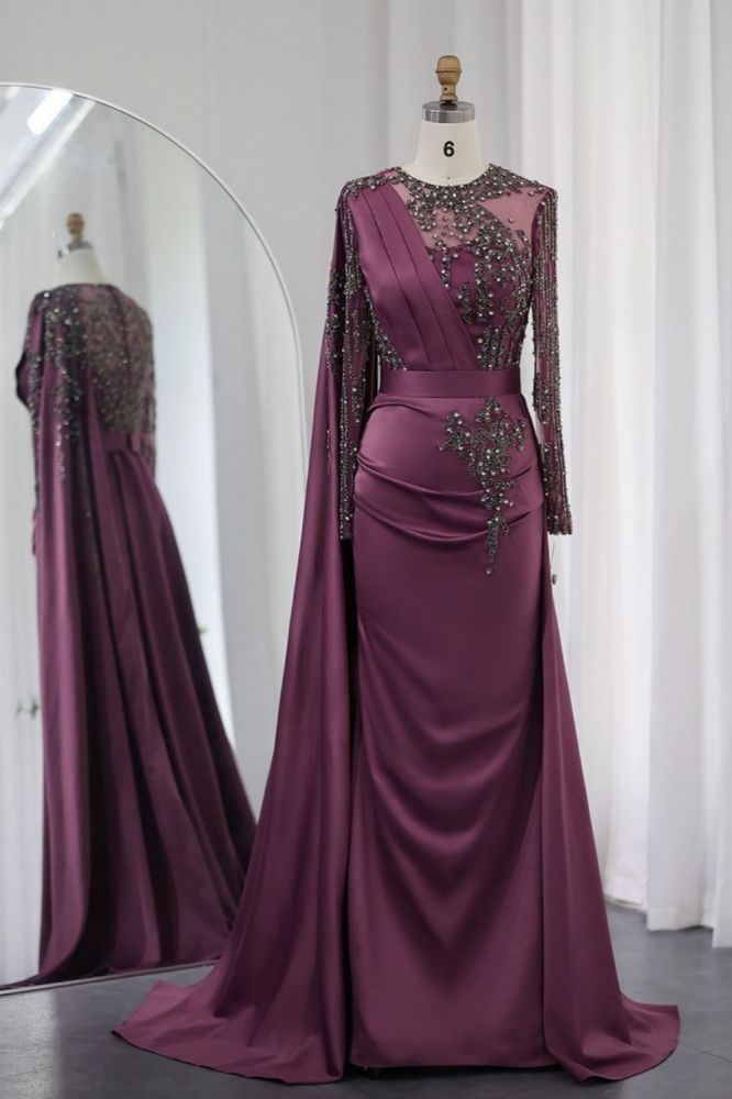 Gorgeous Long Sleeves Ruffle Satin Mermaid Evening Gown Dubai Formal Dress with Rhinstones Embellishments-Babyonlinewholesale