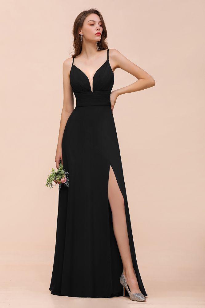 Charming Deep V-Neck Black Bridesmaid Dress with Side Slit with Spaghetti Straps