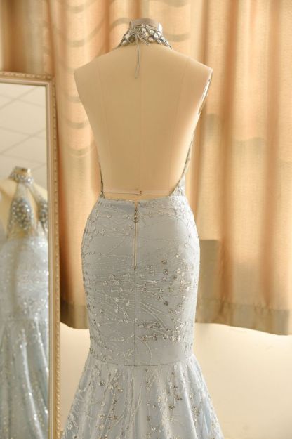 Halter Sleeveless Beaded Mermaid Satin Floor Length Crystal Prom Party Dress