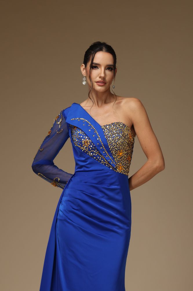 One shoulder Long sleeves Royal blue Column Prom Dresses