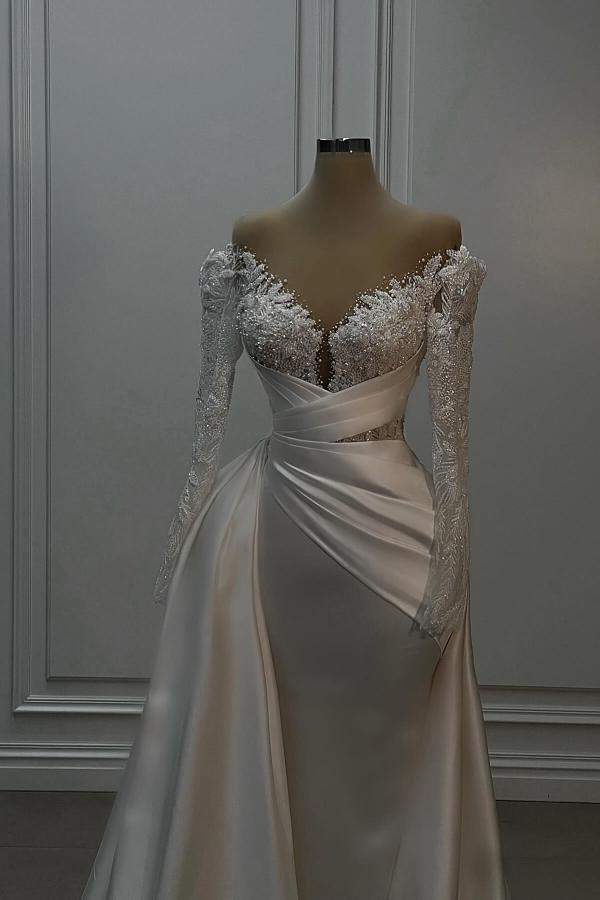 Long sleeves White Shiny Court Train Prom Dresses