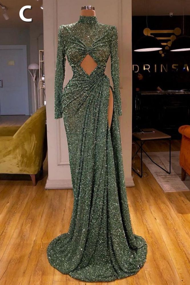 Sparkle dark green high split straps sequin sleeveless long prom dress