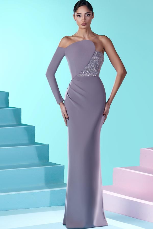 One shoudler Empire Long Satin Prom Dresses