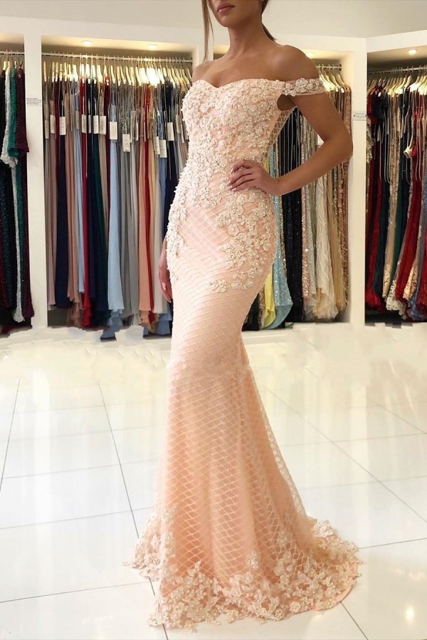 Off-the-shoulder Pink Lace Appliques Mermaid Evening Dress