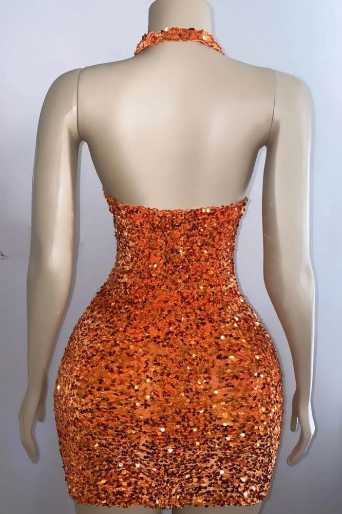 Orange Halter Orange Sequin Short Prom Dresses