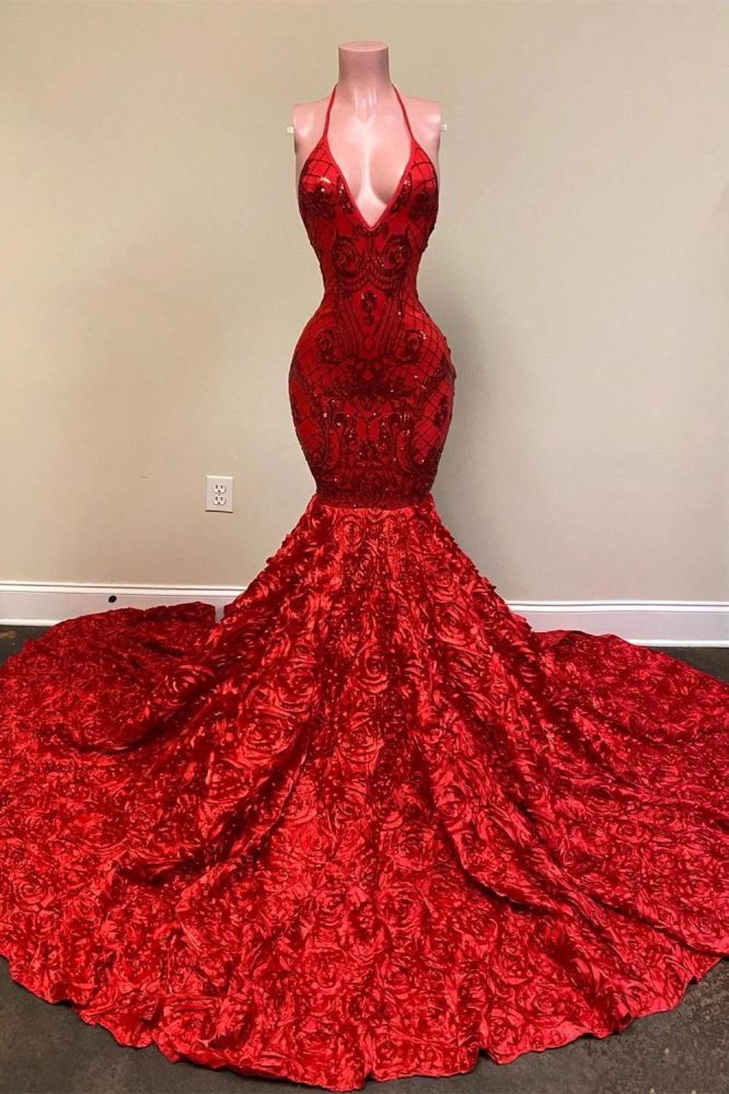 Halter Mermaid flowers Floor length Burgundy Prom Dresses