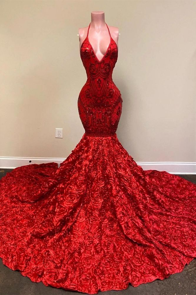 Halter Mermaid flowers Floor length Burgundy Prom Dresses