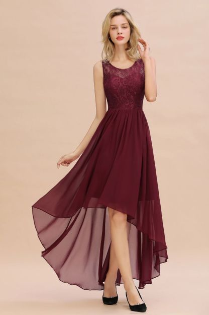 Bugundy Jewel Neck Hi-Lo Evening Dress