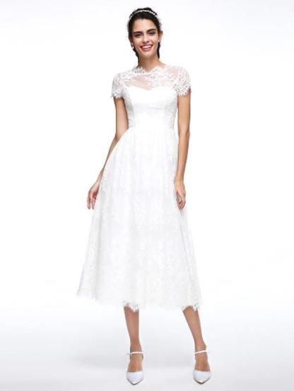 A-Line Wedding Dresses Jewel Neck Tea Length Lace Short Sleeve Simple Casual Illusion Backless