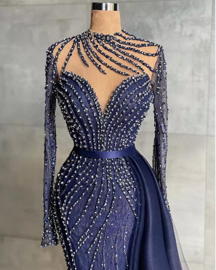 Stylish High Neck Navy Mermaid Evening Dress with Detachable Tulle Train Crystals Beads Long Prom Dress-Babyonlinewholesale