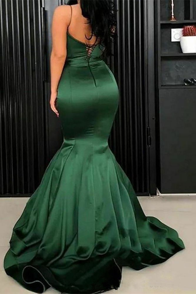 Dark Green Mermaid Satin Lace Court Train Prom Dresses