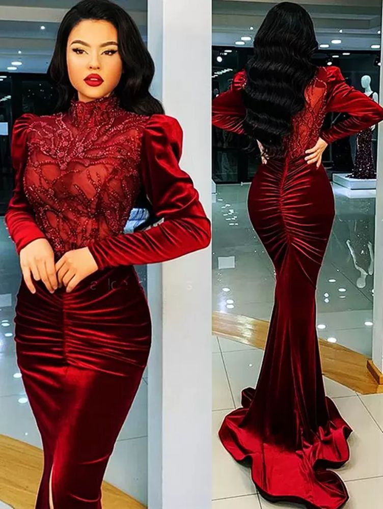 Stunning Red Ruched High Neck Mermaid Prom Dress Long Sleeves