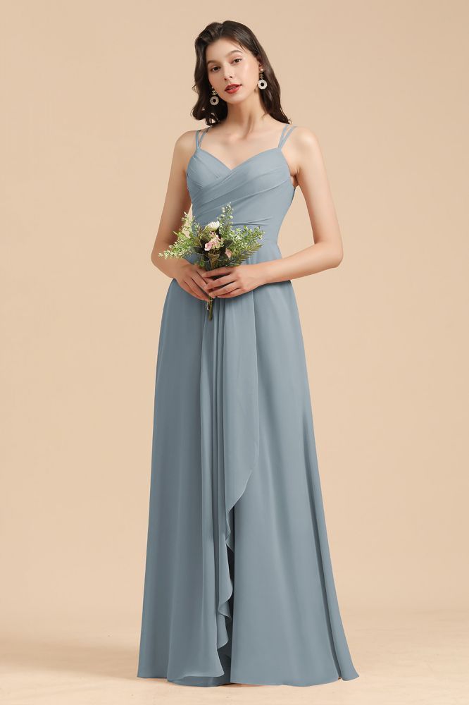 Elegant Ruched Chiffon Bridesmaid Dress Dusty Blue V-Neck Wedding Guest Dress