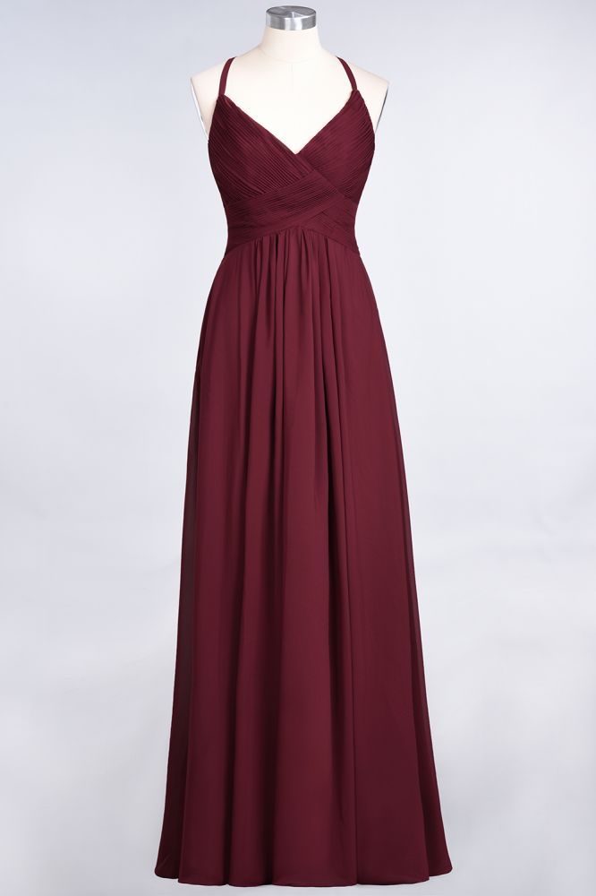 Chiffon A-Line Spaghetti-Straps V-Neck Sleeveless Long Bridesmaid Dress with Ruffles