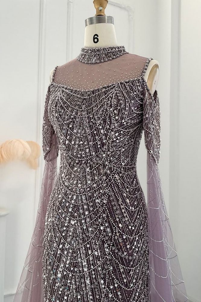 Luxury Shiny Beading Halter Dubai Mermaid Evening Gown Cape Sleeves Floor Length Party Dress