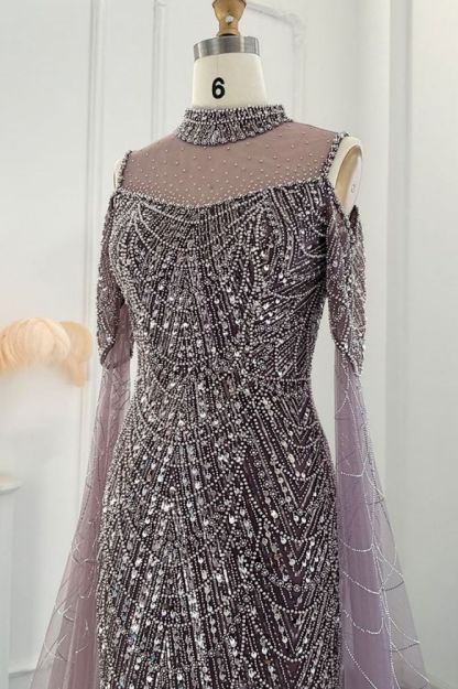 Luxury Shiny Beading Halter Dubai Mermaid Evening Gown Cape Sleeves Floor Length Party Dress
