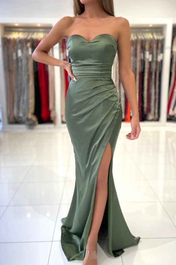 Sweetheart Satin Slim Mermaid Prom Dress Side Slit Evening Dress Sweetheart