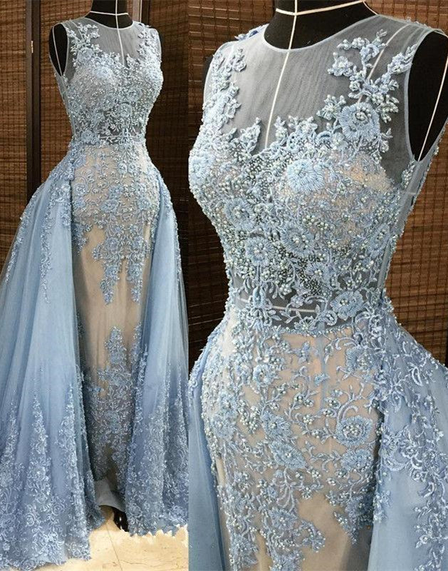 Gorgeous Column Sleleveless Long Evening Dresses | Lace Appliques Beading Sexy Prom Dress with Overskirt-Babyonlinewholesale