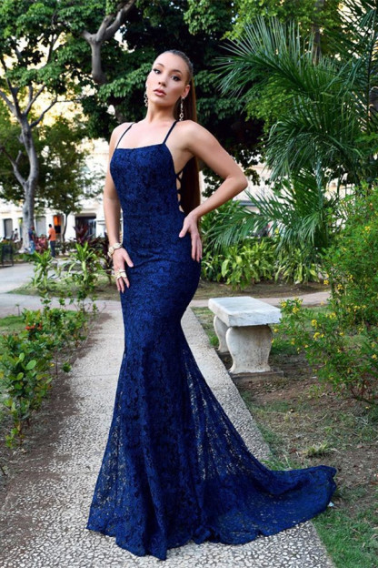Navy Blue Strapless Mermaid Court Train Prom Dresses