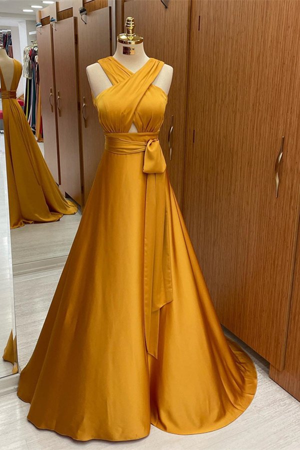 Criss-cross Sleeveless A-line Satin Floor length Prom Dresses