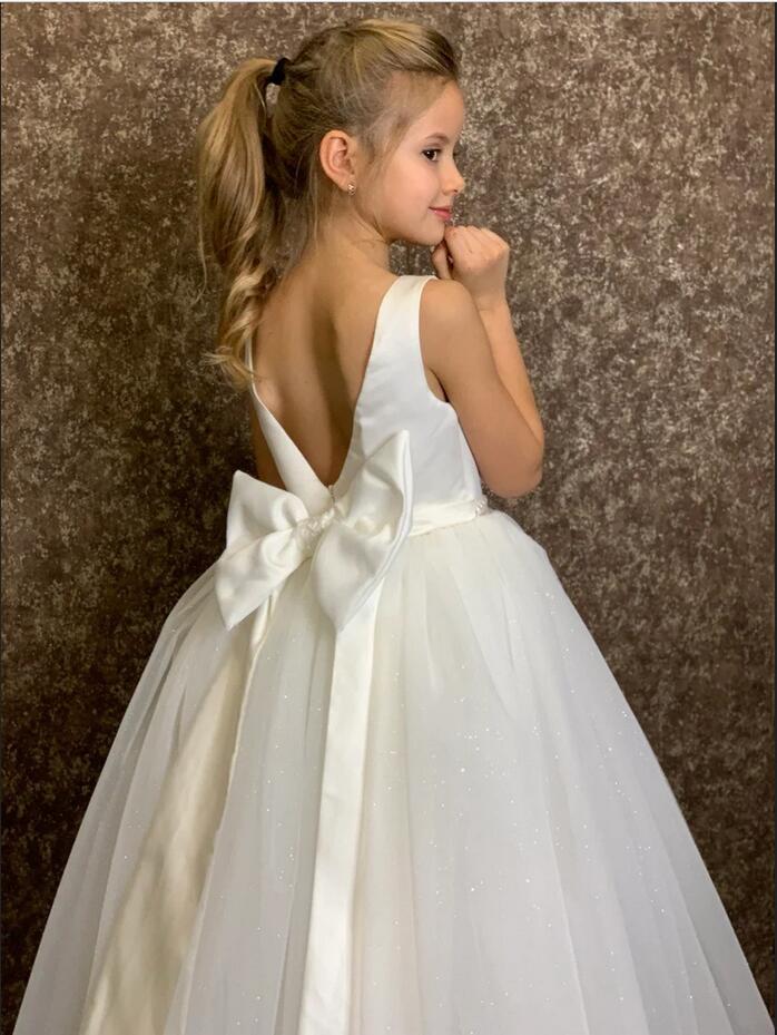 Jewel Neck White Glitter Little Girl Dress for Chrismas Birthday Party Sleevelesss Flower Girl Dress