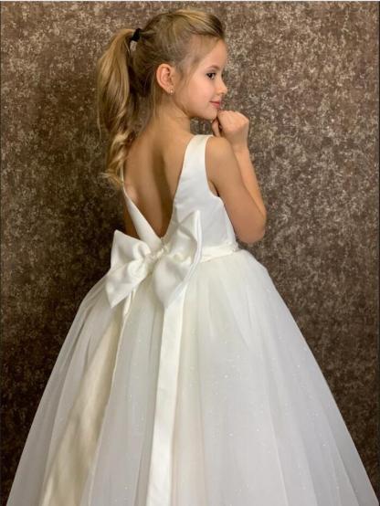 Jewel Neck White Glitter Little Girl Dress for Chrismas Birthday Party Sleevelesss Flower Girl Dress