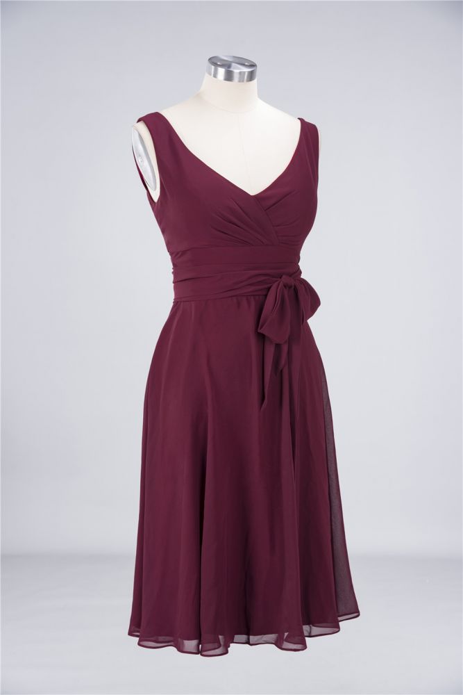 Chiffon A-Line Straps V-Neck Sleeveless Ruffles Short Bridesmaid Dress with Bow Sash
