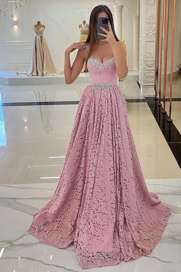 Stunning Spaghetti Straps Lace Long Evening Dress Sweetheart Beadings Aline Prom Dress