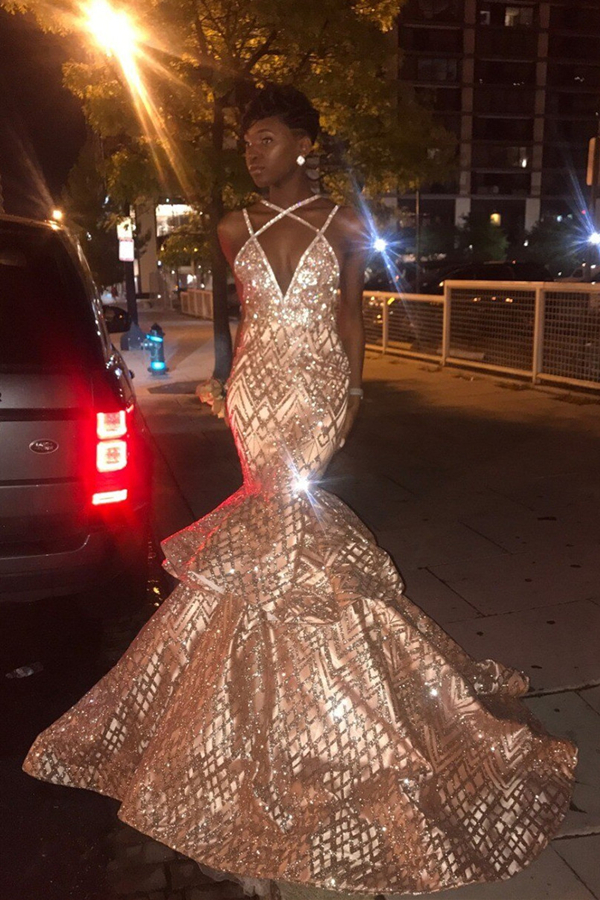 Sexy V-neck Spaghetti Mermaid Sequins Pattern Long Prom Dresses