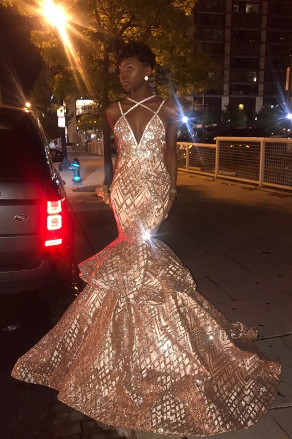 Sexy V-neck Spaghetti Mermaid Sequins Pattern Long Prom Dresses