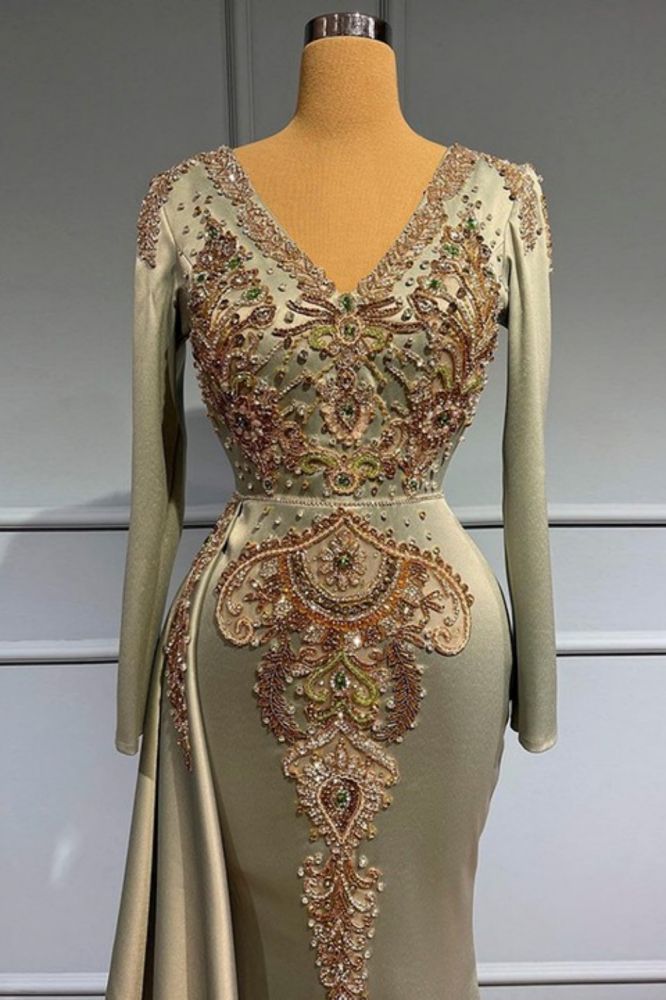 Glamorous Long Sleeves Mermaid Evening Dress V-Neck Gold Crystals Long Party Dress with Sweep Train