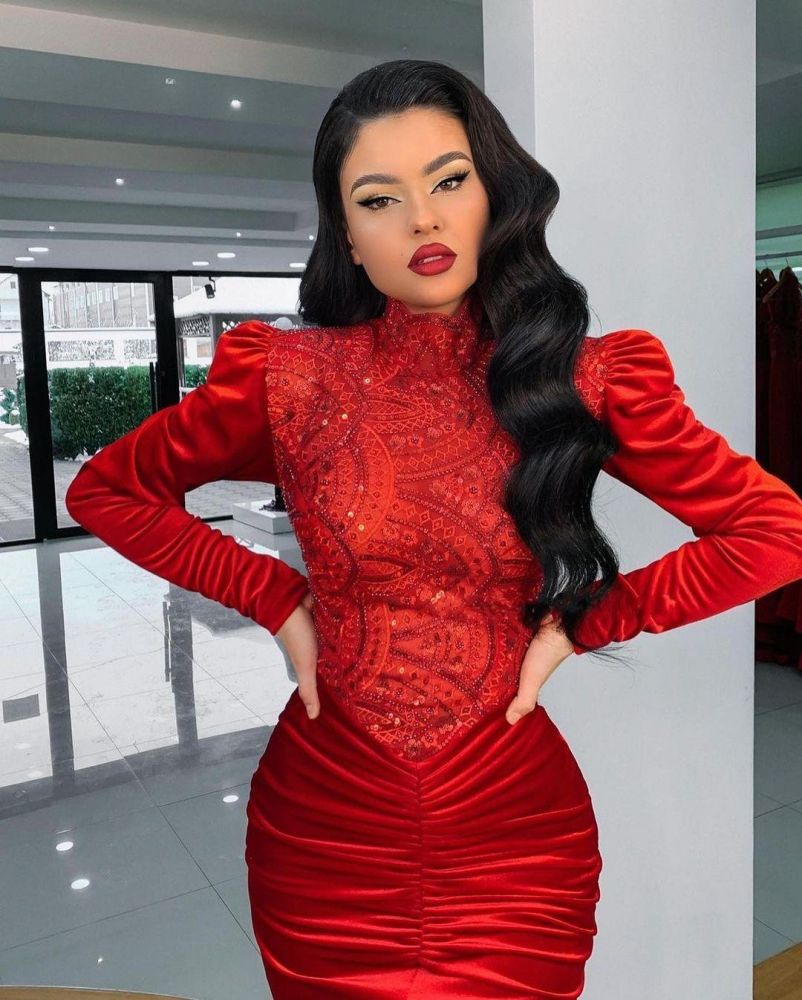 Stunning Red Ruched High Neck Mermaid Prom Dress Long Sleeves