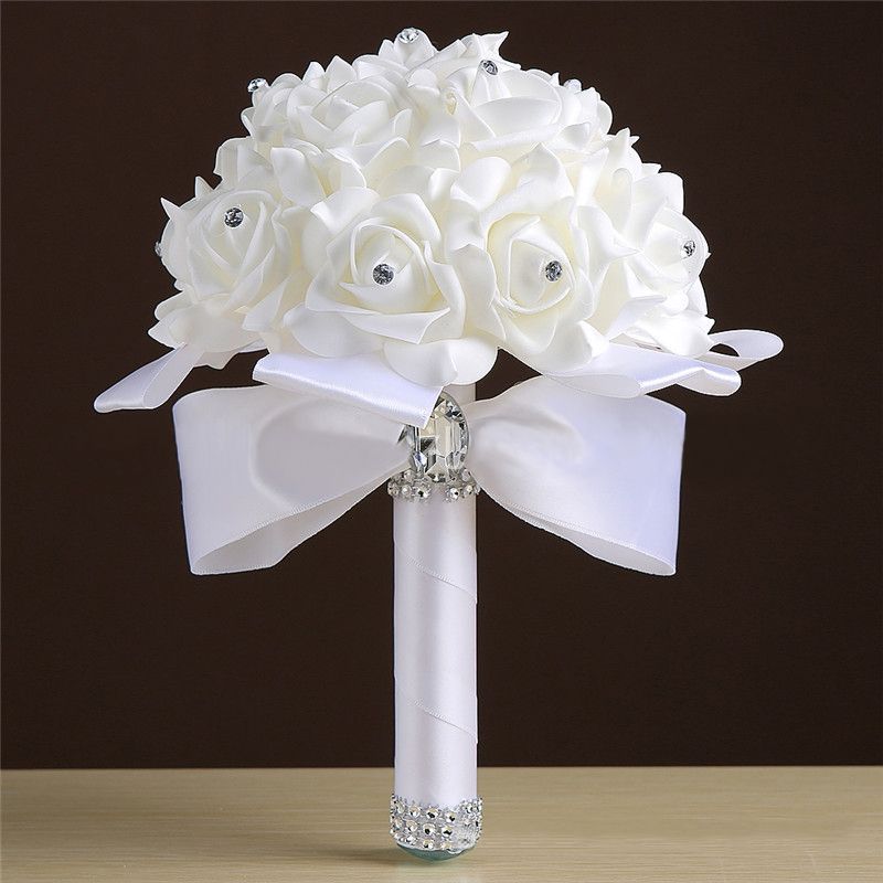White Silk Rose Crystal Beading Bouquet in Colorful Handles