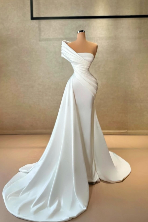 One Shoulder Ruched Satin Bodycon Evening Dresses with Sweep Train