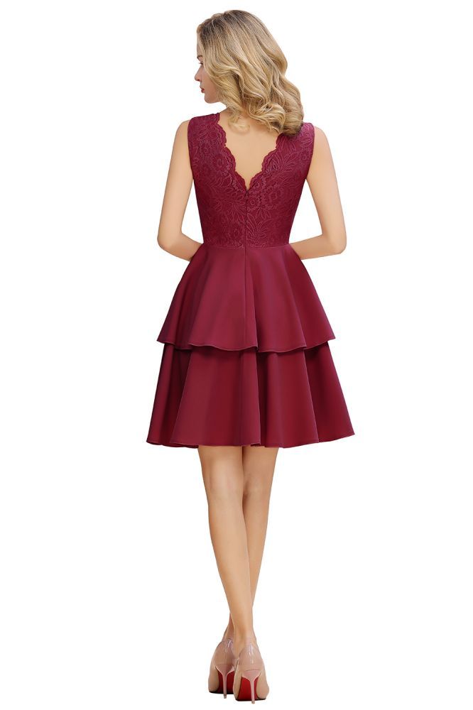 Sexy V-neck V-back Knee Length Homecoming Dresses with Ruffle Skirt | Burgundy, Navy, Pink Dress for Homecoming-Babyonlinewholesale