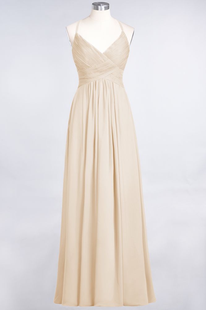 Chiffon A-Line Spaghetti-Straps V-Neck Sleeveless Long Bridesmaid Dress with Ruffles