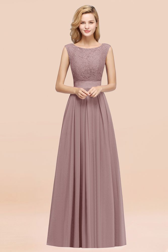 A-line Chiffon Lace Jewel Sleeveless Ruffles Floor-length Bridesmaid Dress