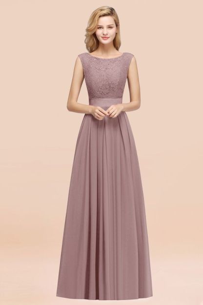 A-line Chiffon Lace Jewel Sleeveless Ruffles Floor-length Bridesmaid Dress