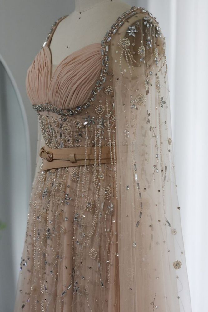 Charming Sweetheart Tulle Beading Long Evening Dress Cape Sleeves Formal Dress with belt