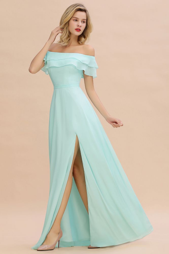 High Quality Off-the-Shoulder Front-Slit Mint Green Bridesmaid Dress