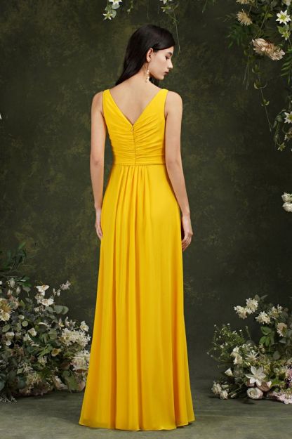 Bateau Ruffles Chiffon Floor-length A-Line Split Bridesmaid Dress With Pockets